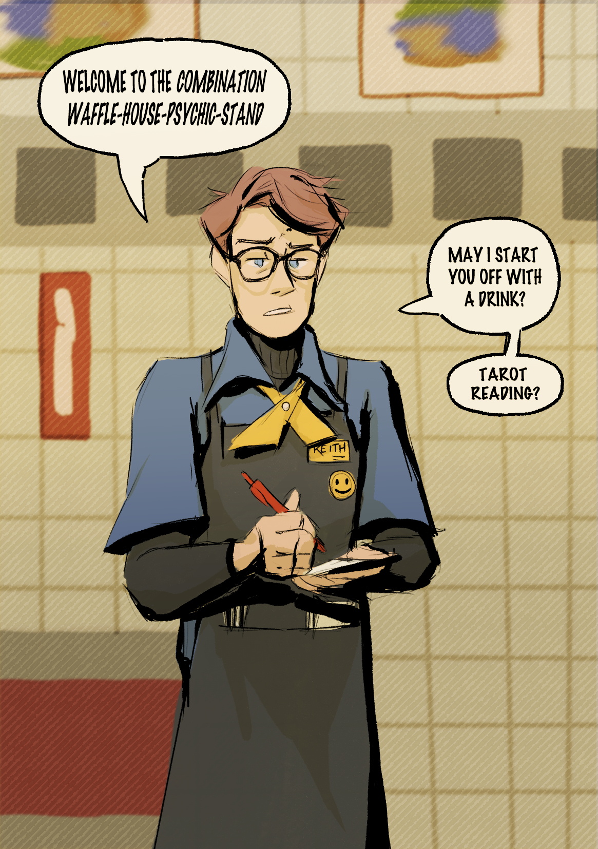 Torturing keith by forcing him to work minimum wage at the combination wafflehouse psychic stand, 2022